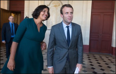 Myriam El Khomry and Emmanuel Macron. French Minister of Labour, Employment and Social Dialogue, Affairs Myriam El Khomri meets French Economy minister, Emmanuel Macron at the ministere. Paris, FRANCE-29/09/2015