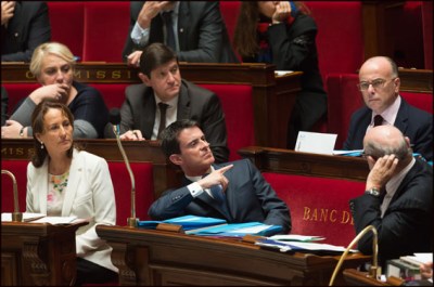 French Minister for Ecology, Sustainable Development and Energy, Segolene Royal, French Prime Minister, Manuel Valls and French Interior minister, Bernard Cazeneuve during the weekly session of questions to the government at the National Assembly. Paris, FRANCE-24/11/2015