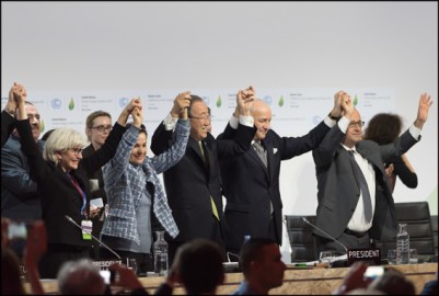 Laurence Tubiana,  Christiana Figueres, Ban Ki-moon, Laurent Fabius and Francois Hollande. French President, Francois Hollande, French Ambassador for the international Climate Negotiations Responsible for COP21 Laurence Tubiana, Executive Secretary of the United Nations Framework Convention on Climate Change (UNFCCC) Christiana Figueres and Foreign Affairs Minister and President-designate of COP21 Laurent Fabius during a meeting after adoption of a historic global warming pact at the COP21 Climate Conference in Le Bourget. Le Bourget, FRANCE-12/12/2015