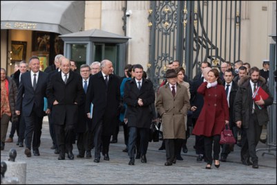 French Justice minister, Christiane Taubira, French Urban Affairs and Sports Minister Patrick Kanner, French Defense Minister, French Junior minister  for Transport, Maritime and Fishery, Alain Vidalies,  Jean-Yves Le Drian, French Foreign Minister, Laurent Fabius, French Prime Minister, Manuel Valls, French Interior minister, Bernard Cazeneuve and  French Minister for Ecology, Sustainable Development and Energy, Segolene Royal. Members of the french government take a breakfast at the Interior's Ministry before walking to Elysee Palace. Paris, FRANCE-04/01/2016