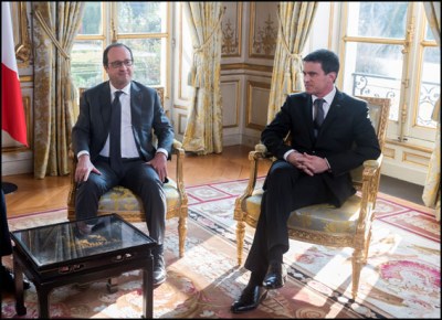 Dacian Ciolos, Francois Hollande and Manuel Valls. French President Francois Hollande welcomes Romania's Prime Minister Dacian Ciolos upon his arrival  at the Elysee Palace+  Paris, FRANCE-20/01/2016