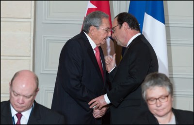 Raul Castro and Francois Hollande. French President, Francois Hollande and Cuban President Raul Castro during an signing agreement ceremony at Elysee Palace. Paris, FRANCE-01/02/2016