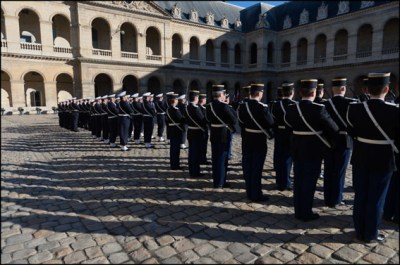 Military gendarmerie. French Interior minister, Bernard Cazeneuve  takes part in a ceremony in homage to 2 gendarmes killed during the last year. Paris, FRANCE-16/02/2016
