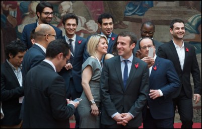 Emmannuel Macron and Francois Hollande. French President Francois Hollande and French Minister of Economy, Industry and the Digital Sector, Emmanuel Macron during a meeting with leaders of international start-up based in Paris during the "French Tech Ticket" conference at the Elysee Palace. Paris, FRANCE-02/03/2016