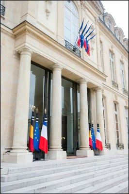 Elysee Palace with French and Belgium flags. French President, Francois Hollande welcomes Prime Ministers of the Czech Republic Bohuslav Sobotka at Elysee palace. Paris, FRANCE-24/03/2016