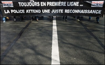 French police during a protest  against the working conditions of police in France. Paris-FRANCE-07/04/2016