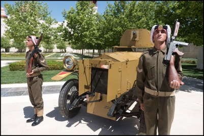 Soldiers in front of an armoured car. King of Jordan Abdallah II welcomes French President, Francois Hollande at Husseinieh Palace. Amann, JORDANIA-19/04/2016