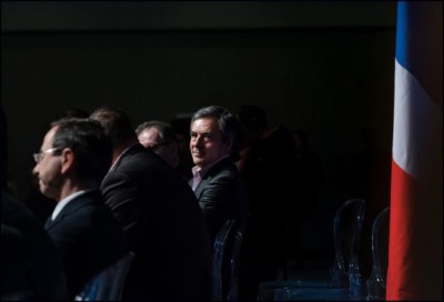 Francois Fillon. Former French Prime Minister and candidate to the opposition right-wing Les Republicains (LR) party's primaries Francois Fillon during a meeting. Paris, FRANCE-02/04/2016