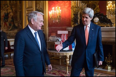 French Foreign Minister, Jean-Marc Ayrault and John Kerry. French Foreign Minister, Jean-Marc Ayrault welcomes Secretary of State of the United States, John Kerry at the Quai d'Orsay. Paris, FRANCE-09/05/2016