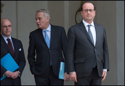 Bernard Cazeneuve, Jean-Marc Ayrault and Francois Hollande. French President, Francois Hollande, French Interior minister, Bernard Cazeneuve and French Foreign Minister, Jean-Marc Ayrault at Elysee palace. Paris, FRANCE-24/05/2016