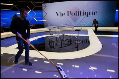 Before the program. Bordeaux mayor and the leading presidential candidate of the opposition Republicans (Les Republicains, LR) for the French presidental elections in 2017, Alain Juppe with television journalist Gilles Bouleau during a new television program on TF1 channel "Vie Politique" (Political Life) in televisions studios. Paris, FRANCE-12/06/16