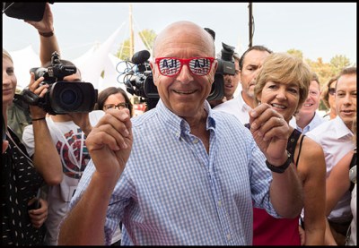 Alain Juppe and Isabelle Juppe with eyeglass AJ2017. French right-wing Les Republicains (LR) party's mayor of Bordeaux and candidate for the LR party primary, Alain Juppe, during a meeting Chatou, FRANCE-27/08/2016
