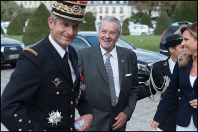 General Favier and Alain Delon. French Prime Minister, Manuel Valls, French Interior minister, Bernard Cazeneuve, French Defense Minister, Jean-Yves Le Drian and Alain Delon attend a farewell ceremony with the arms from General Denis Favier, Paris, FRANCE-29/08/2016