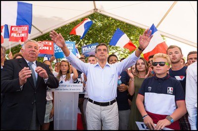 Gerard Larcher and Francois Fillon. French former Prime Minister and Candidate for the right-wing Les Republicains (LR) party primary ahead of the 2017 French presidential election Francois Fillon during a meeting. Sable-sur-Sarthe, FRANCE-28/08/2016