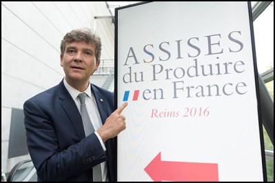 Arnaud Montebourg. Former french minister Arnaud Montebourg and French UDI center-right party MP Yves Jego during a meeting Produire en France. Reims, FRANCE-08/09/2016