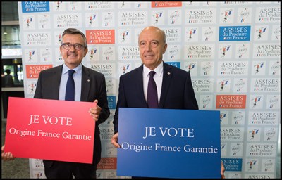 Yves Jego and Alain Juppe. Former french minister Arnaud Montebourg, French UDI center-right party MP Yves Jego, Nicolas dupont-Aignan, Former Prime Minister Alain Juppe, Marine Le Pen, Bruno Le Maire, Jean Christophe Lagarde, Cecile Duflot, Jean Francois Cope, Marie Noelle Lienemann and Jean Luc Melenchon during a meeting Produire en France. Reims, FRANCE-09/09/2016