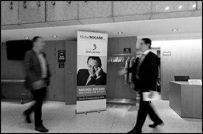 Michel Rocard. Former French Economy Minister and founder of the political movement "En Marche" (On the Move) Emmanuel Macron during a conference on Michel Rocard. Paris , France-15/09/2016
