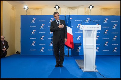 Francois Fillon. French member of Parliament and candidate for the right-wing primaries ahead of France's 2017 presidential elections, Francois Fillon gestures as he delivers a speech following the first results of the primary's second round at his campaign headquarters. Paris, FRANCE-27/11/2016