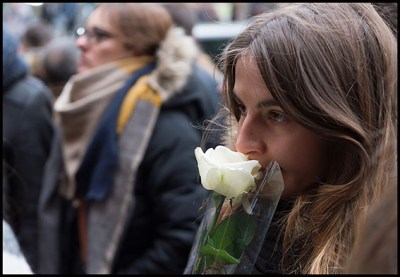 People in front of the BATACLAN after the official ceremony. Paris, FRANCE-13/11/2016