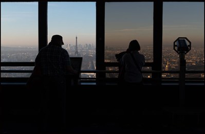 Eiffel Tower. A picture taken shows a partial view of the city of Paris  through a haze of pollution. Paris, FRANCE-08/12/2016