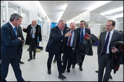 Philippe Vigier,  Jean Leonce Dupont, Gerard Larcher, Herve Marseille, Yves Jego and Jean-Christophe Lagarde. President of UDI party Jean Christophe Lagarde meets gerard Larcher (LR) at the headquarter of LR party. Paris, FRANCE-14/12/2016