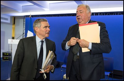 Bernard Accoyer and Gerard Larcher. General secretary of French right-wing party Les Republicains (LR) Bernard Accoyer and Gerad Larcher during a press conference after the first meeting of the Political Committee. Paris, FRANCE-13/12/2016