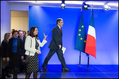 Valerie Boyer and Francois Fillon. Former French prime minister Francois Fillon, the right wing Republican party candidate for the French 2017 presidential election addressing his New Year wishes to the press. Paris, FRANCE-10/01/2017