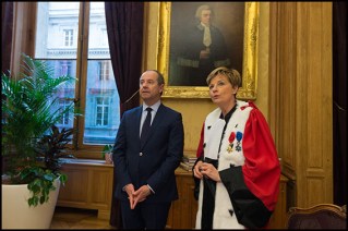 Jean Jacques Urvoas and Chantal Arens (first President). French Minister of Justice, Keeper of the Seals, Jean-Jacques Urvoas during to the traditional New Year wishes' ceremony at the court of appeal Paris, FRANCE-16/01/2017