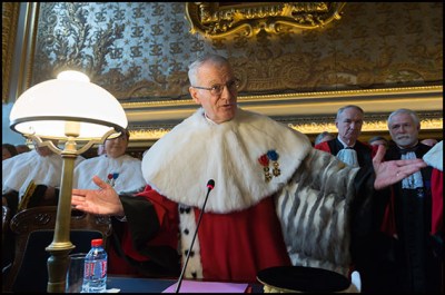 Bertrand Louvel. President of the French court of cassation Bertrand Louvel with French Justice Minister Jean-Jacques Urvoas and President of the French Senate Gerard Larcher  prior to the traditional New Year wishes' ceremony at the court of Cassation. Paris, FRANCE-13/01/2017